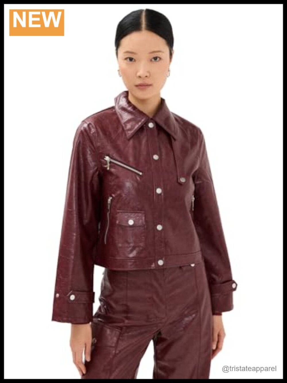Women's Faux Leather Anorak Jacket with Snap Front and Zip Pockets